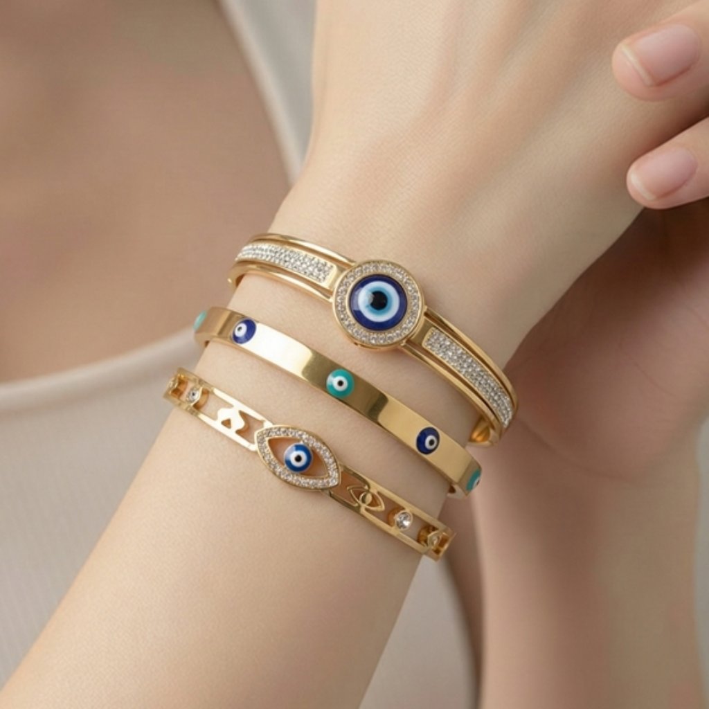 3 Pcs Set Evil Eye Stainless Steel 18k Gold Plated Bracelet Minimalist &Luxurius